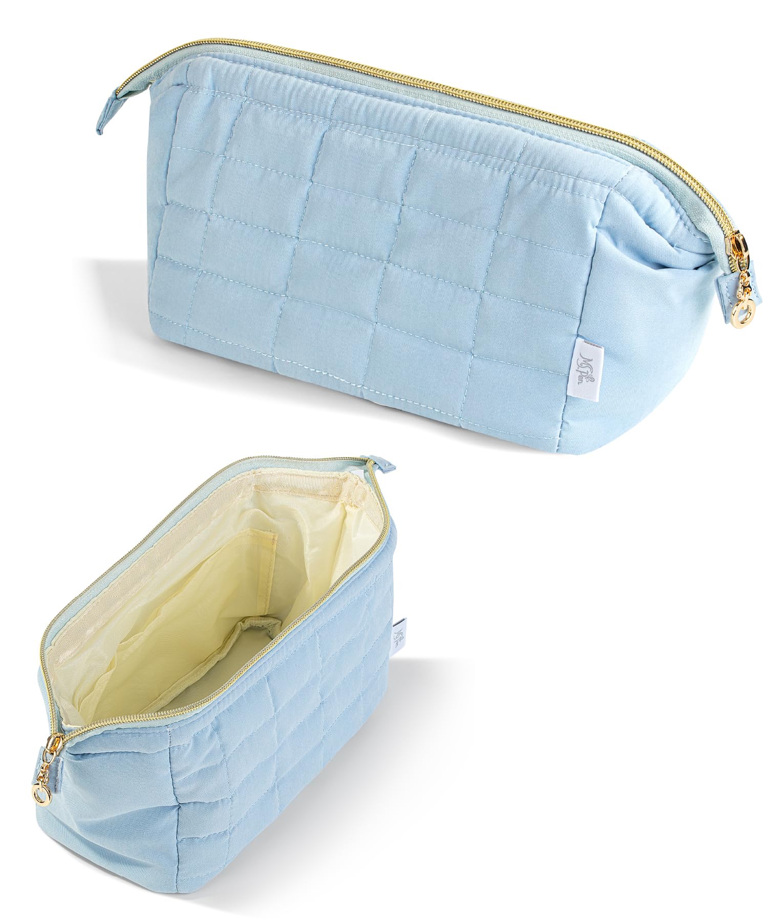 Ms. pen- Aesthetic Quilted Makeup Bag for Women, Dusty Blue, Puffy Padded Cute Makeup Bag Cute, Cosmetic Pouch, Quilted Pouch