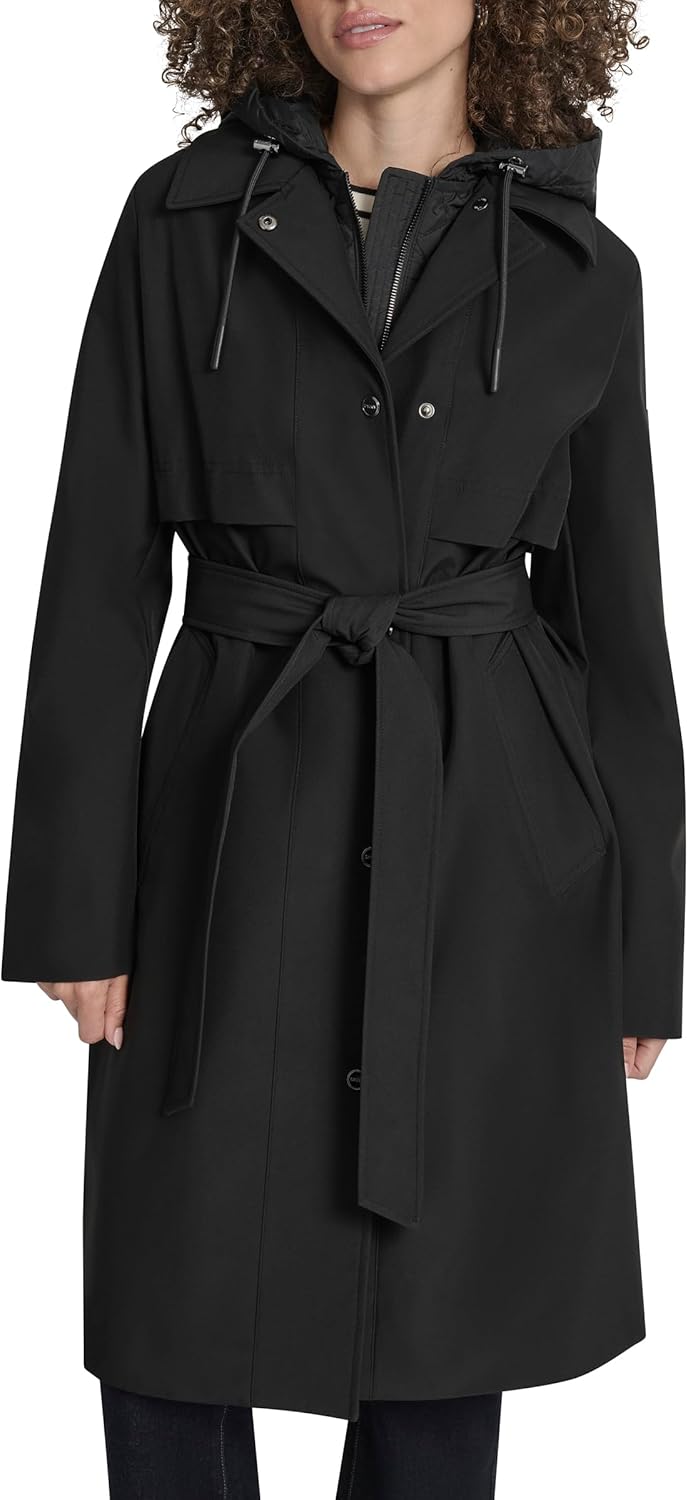 DKNY Women's Belted Trench Coat With Hood – Lightweight Water-resistant Long Jacket - Image 6
