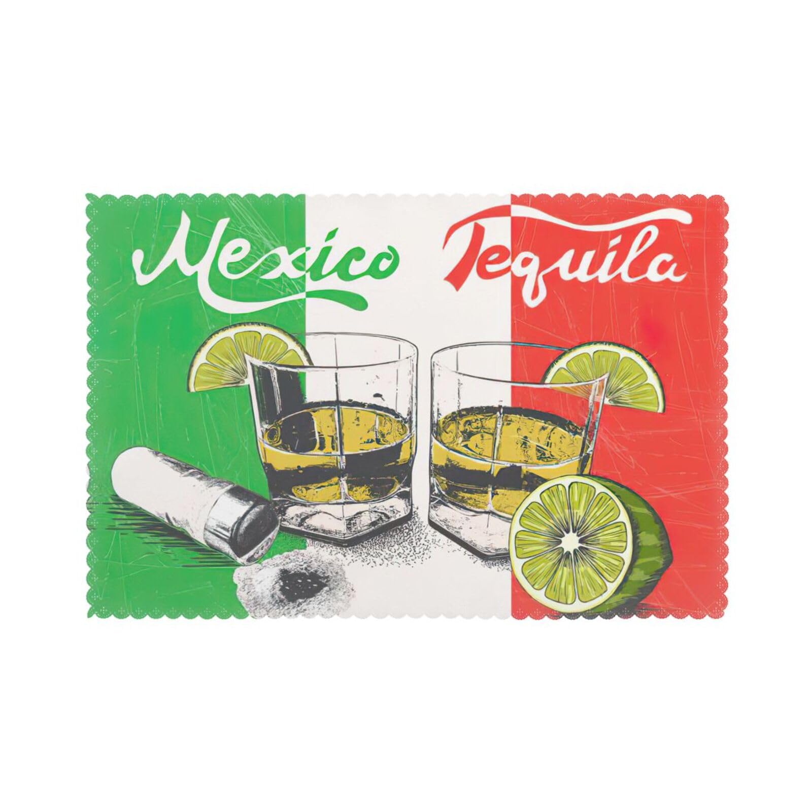 Mexico Flag And Tequila Print Placemats Set Of 6, 12x18 Inch Polyester Washable Heat Resistant Kitchen Dining Table Mats