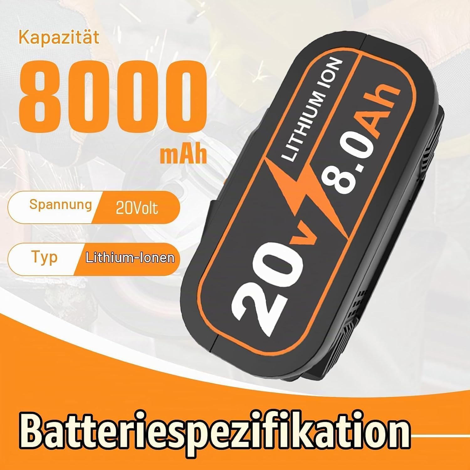 2X 8.0Ah 20v Ersatz für WORX 20V 8.0ah Akku WA3551 WA3553 WA3553.2 WA3557 WA3572 WA3641 WA3760 WA3881 WX166.4 WX176 WX390WG629E