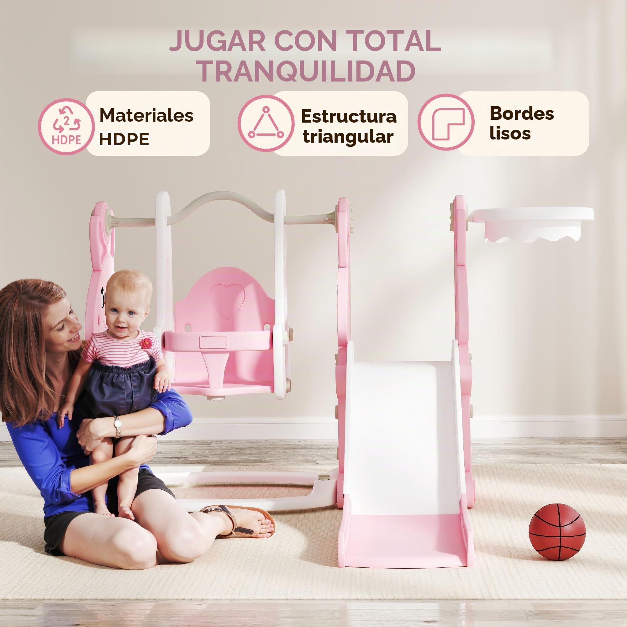 AIYAPLAY Tobogán y columpio 4 en 1 para niños, parque infantil para niños pequeños con estructura de escalada, canasta de baloncesto, tobogán, columpio, diseño de conejito, para interiores y