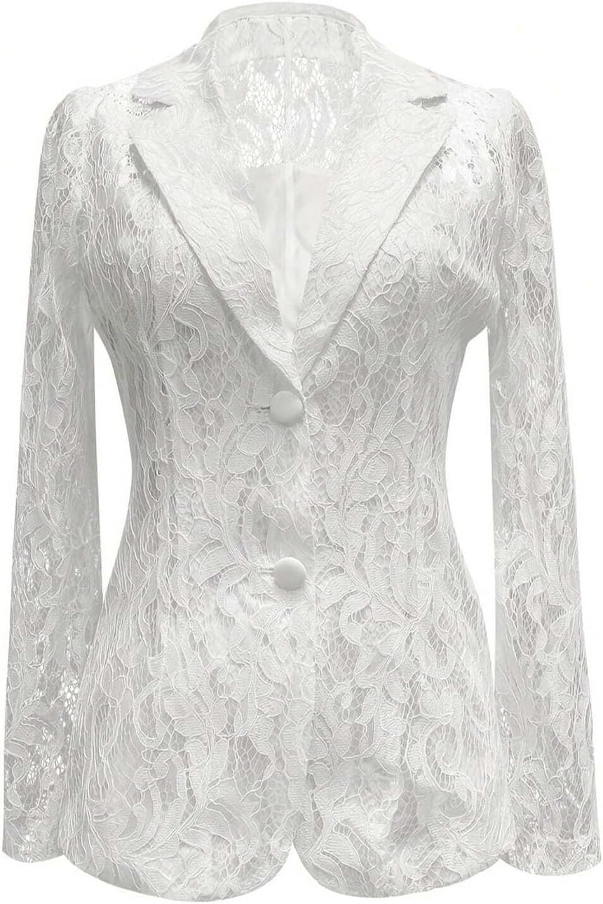 Women's Lace Blazer Jacket Elegant Long Sleeve Sheer Floral Lace Cardigan Button Down Formal Casual Work Office Blazer