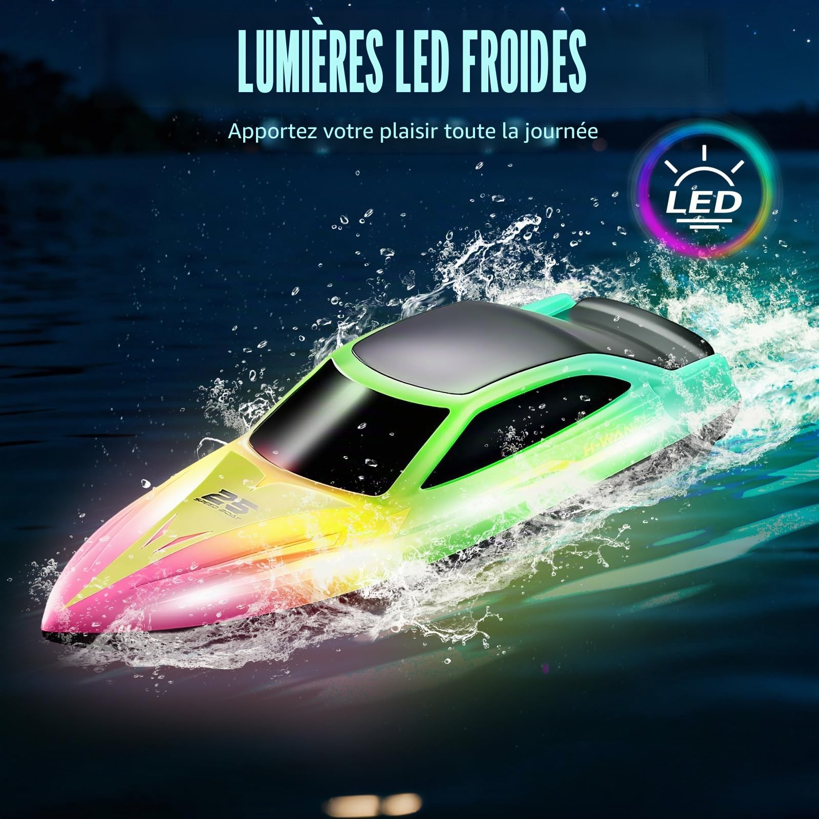 OBEST Bateau Télécommandé avec Lumières LED pour Enfants, 2,4 GHz Bateau RC