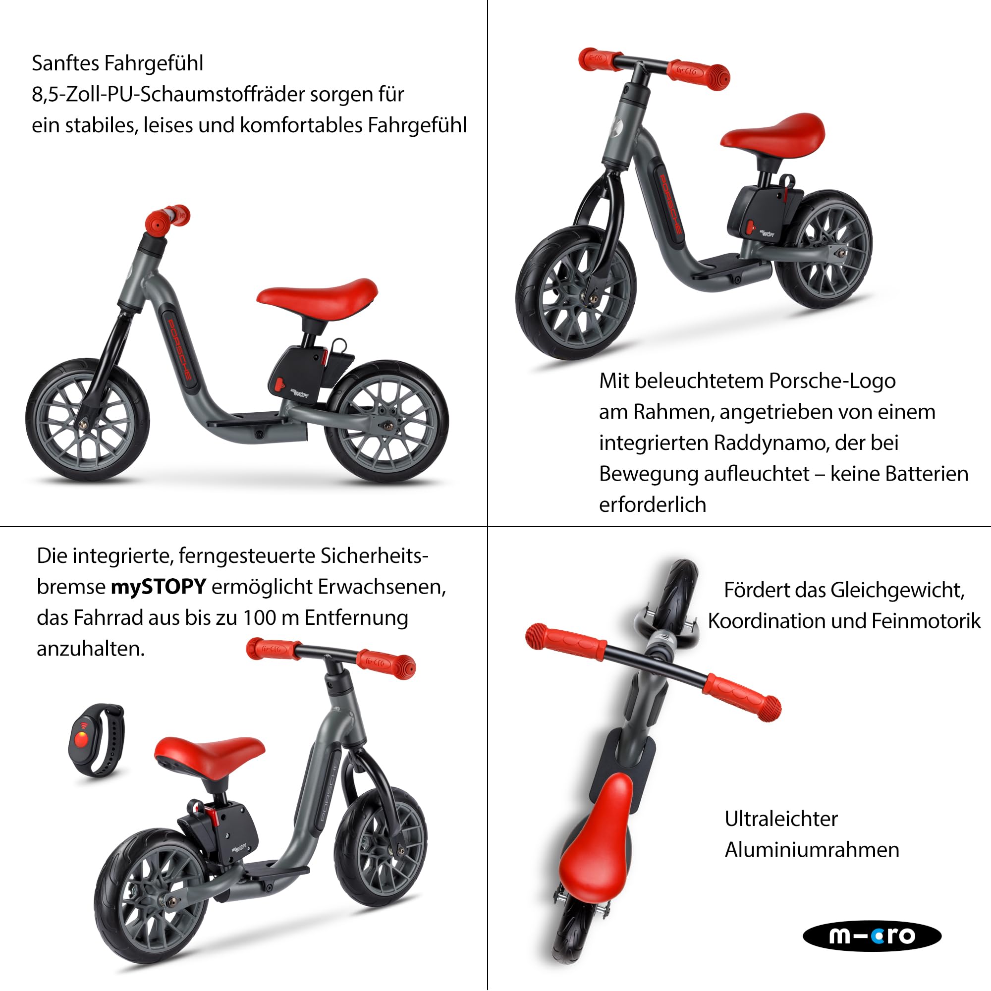 MICRO™ Smart Balance Bike | Porsche Edition | inkl. MySTOPY Bremsunterstützung mit Fernbedieunung | Laufrad für Kinder ab 18 Monaten | Porsche Schriftzug LED | Jungs & Mädchen