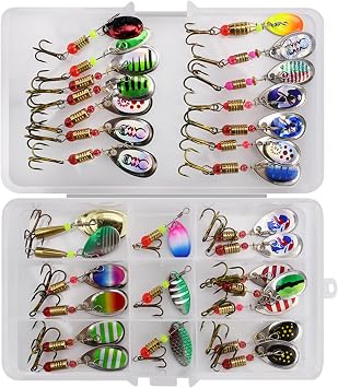 Metal Fishing Lures Spinner Baits Fish Treble Hooks Tackle Trout Bass Salmon, Great for Both Freshwater and Saltwater