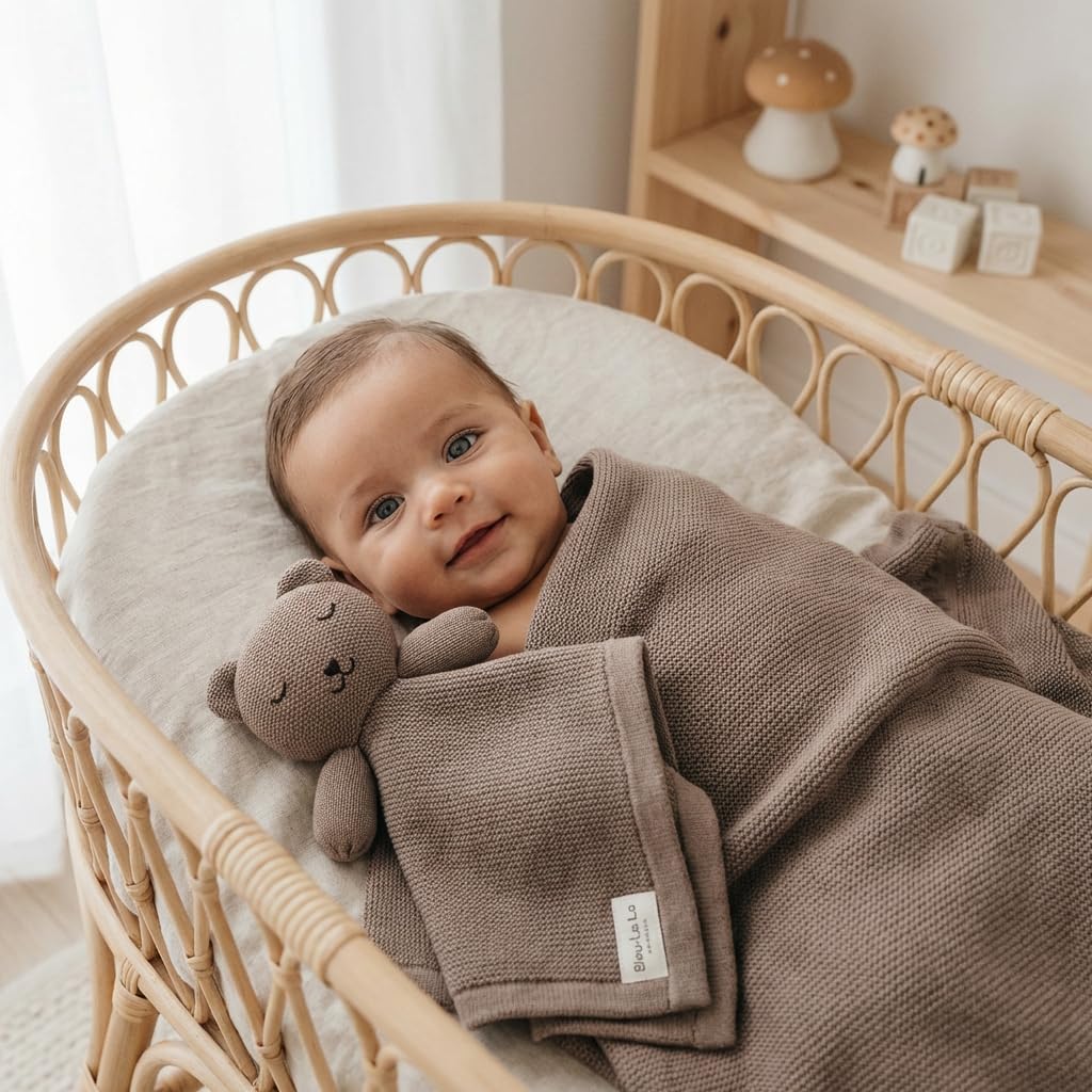 Baby Gift Set - Organic Cotton Newborn Blanket and Lovey Security Blanket Set, Thoughtful Baby Shower & New Baby Gift for Boys & Girls (Lovey - Bear - Milk Chocolate)