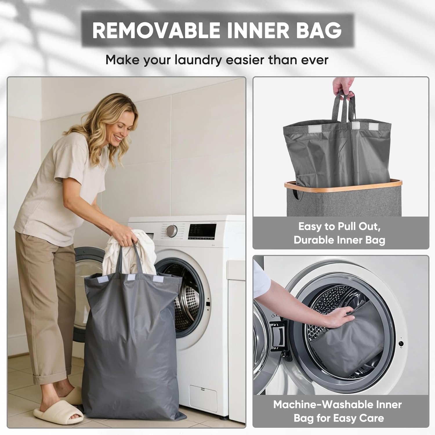 BALEINE Laundry Hamper with Lid, Tall Laundry Baskets with Bamboo Pull Handles, Large Laundry Bin with Internal Support (18 Gal/70L, Grey)