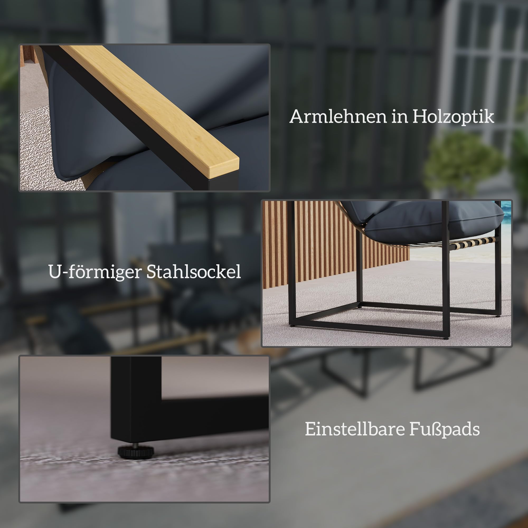 Outsunny Stahl Gartenmöbel Set 4 Personen wetterfest Balkonmöbel-Set mit 2er Sofa 2 Sessel, Sitzkissen, Beistelltisch, Outdoor Sitzgruppe Terrassenmöbel Gartengarnitur für Garten Terrasse Balkon Grau