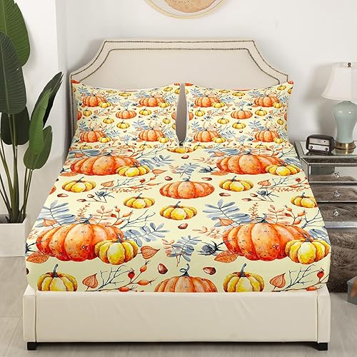 Miniatura 4 de Erosebridal Juego de sábanas de calabaza de otoño, tamaño Queen, sábanas de cosecha de otoño para niños y niñas, decoración de dormitorio, juego de