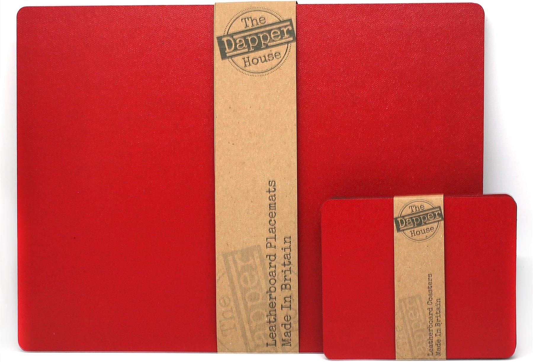 The Dapper House Set of 6 Elementary Red Leatherboard Placemats and 6 Coasters - Made in UK