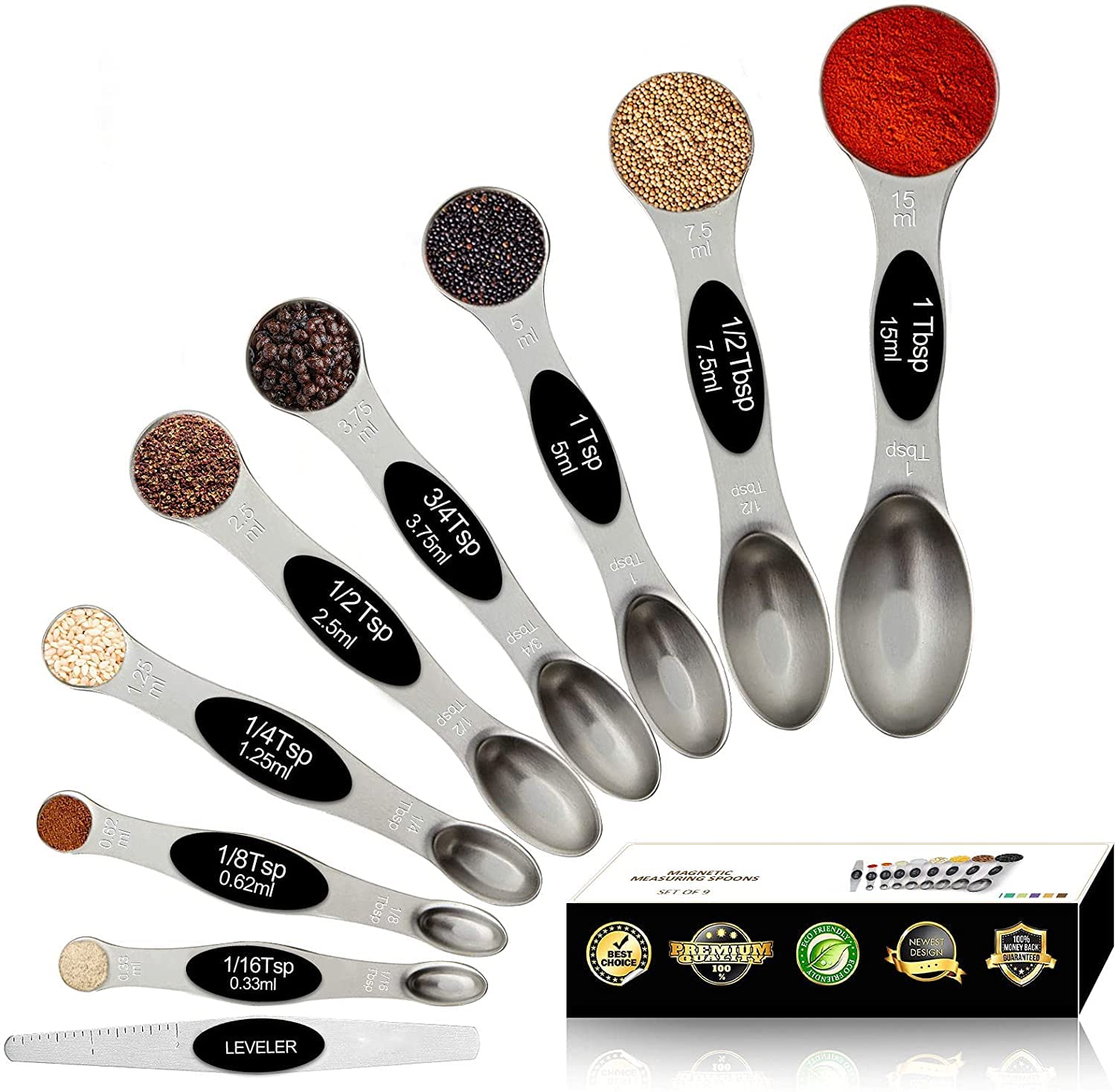 Giafet Magnetic measuring spoon set, stackable on both sides, stainless steel, for use in spice jars and liquids, set of 9-Black