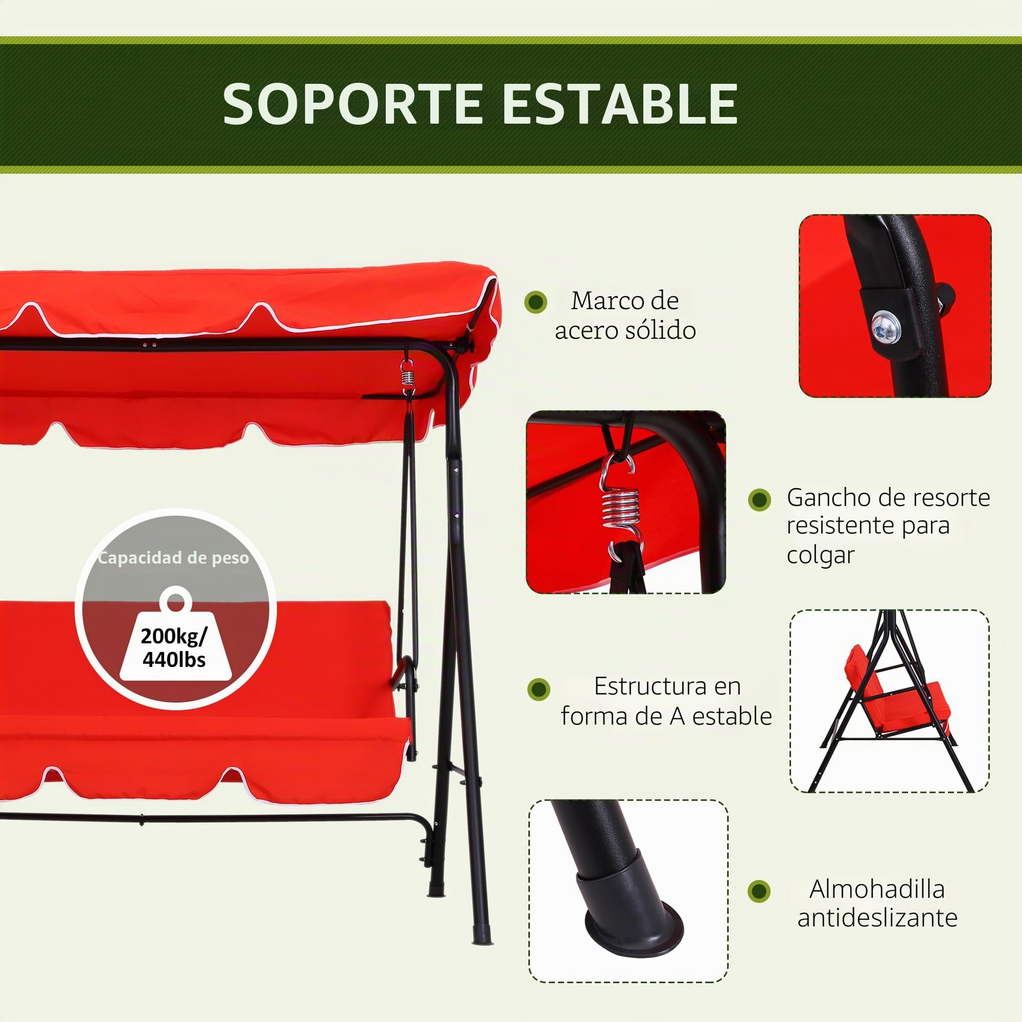 Outsunny - Balancín de jardín (3 plazas, inclinación, ajustable, cojines de asiento y respaldo, 1,72 x 1,1 x 1,52 cm, acero negro, poliéster, color rojo