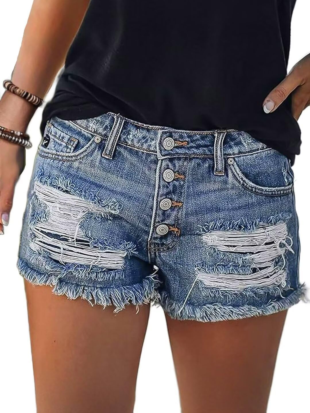 Flamingals Women's Ripped Raw Hem Button Up Mid Waist Denim Shorts - Image 2