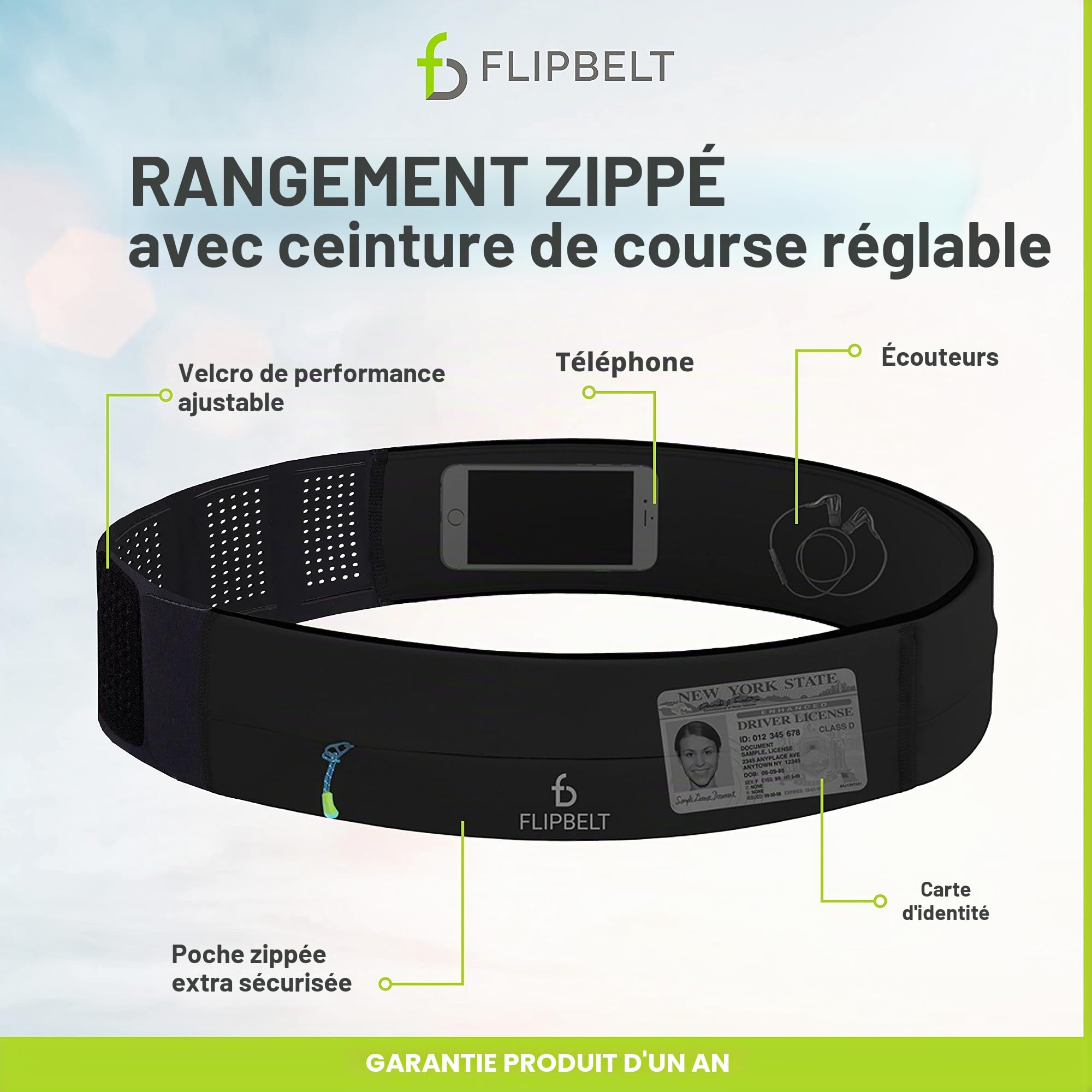 FlipBelt Ceinture de Course réglable, Sac Banane de Fitness et de Course pour Homme et Femme, Ceinture de Rangement Anti-humidité pour téléphone, clés, Argent, Entreprise américaine