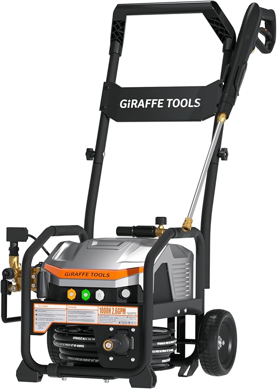 Giraffe Tools Crossfalls Lavadora a presión Ultra con 2 ruedas, mangueras de 50 pies | Lavadora eléctrica retráctil montada en la pared, 2.6GPM 1650PSI con motor sin escobillas de 1800W, 4 boquillas, cañón de espuma para limpieza