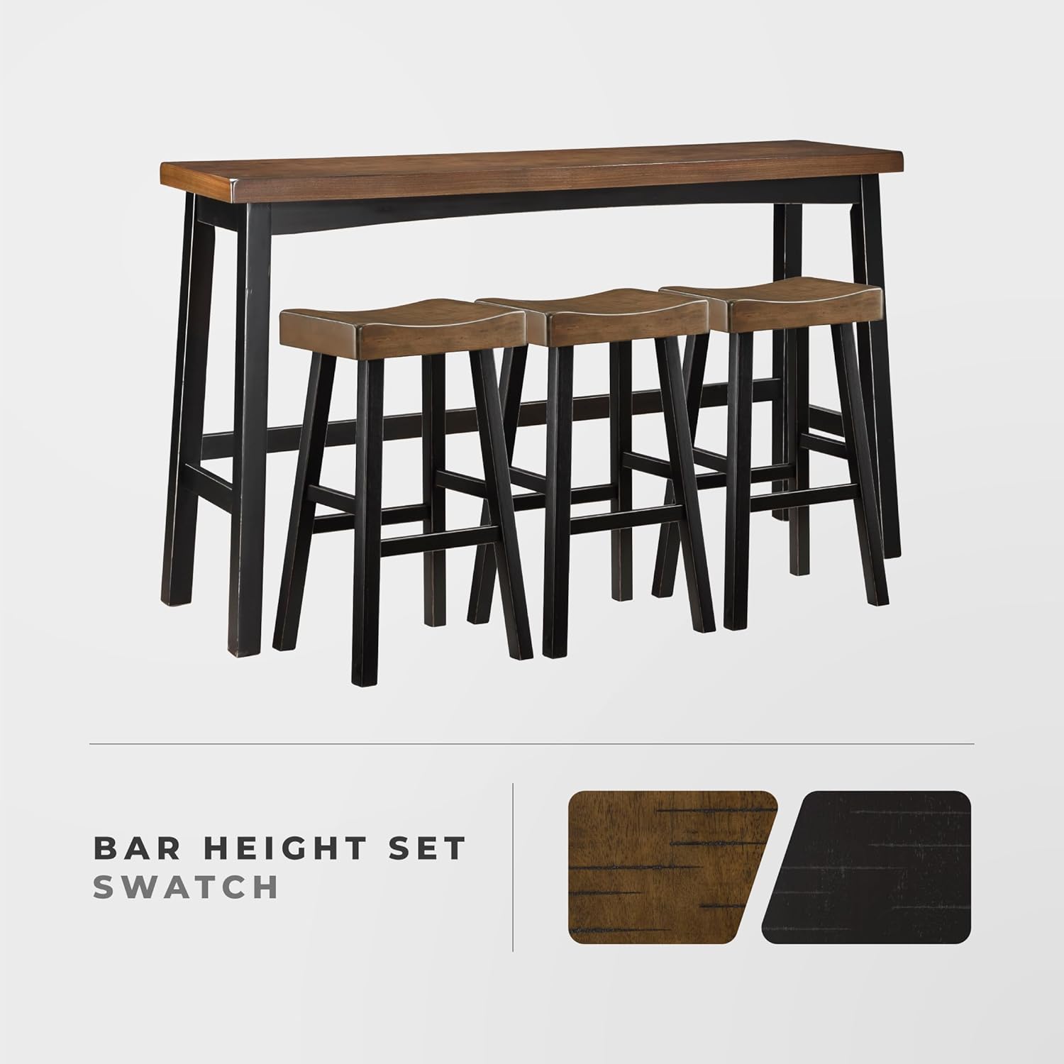 Lexicon Bar Table Set for 3, Small Kitchen Table Set Kitchen Island Table with 3 Saddle Bar Stools, 4 Piece Dining Table Set for Breakfast Nook, Living Room, Apartment, Pub Height, Black/Brown