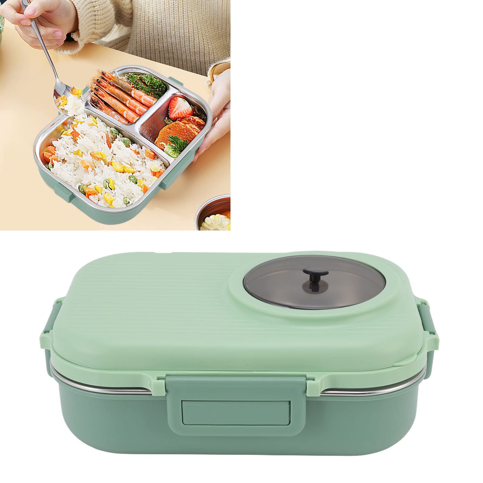 Fiambrera Bento, 1100ml Diseño de 3 Rejillas de Doble Capa, Fiambrera Térmica de Acero Inoxidable 304 con Palillos Cuchara Tazón de Sopa, Recipiente de Comida para Niños Estudiantes Adultos(Verde)