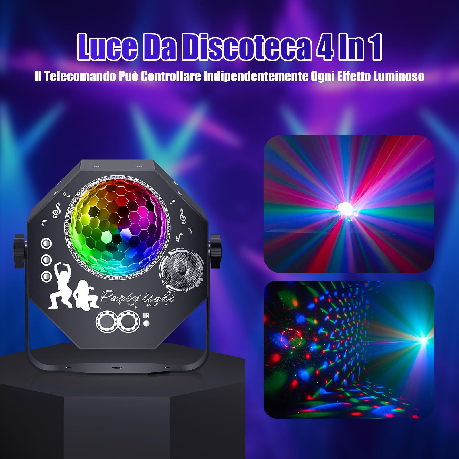 4 in 1 Luci Discoteca, Luci Discoteca a Ritmo di Musica, Luce Stroboscopica LED RGB Luci DJ Discoteca con Telecomando per Feste Domestiche, Discoteche, Halloween, Natale