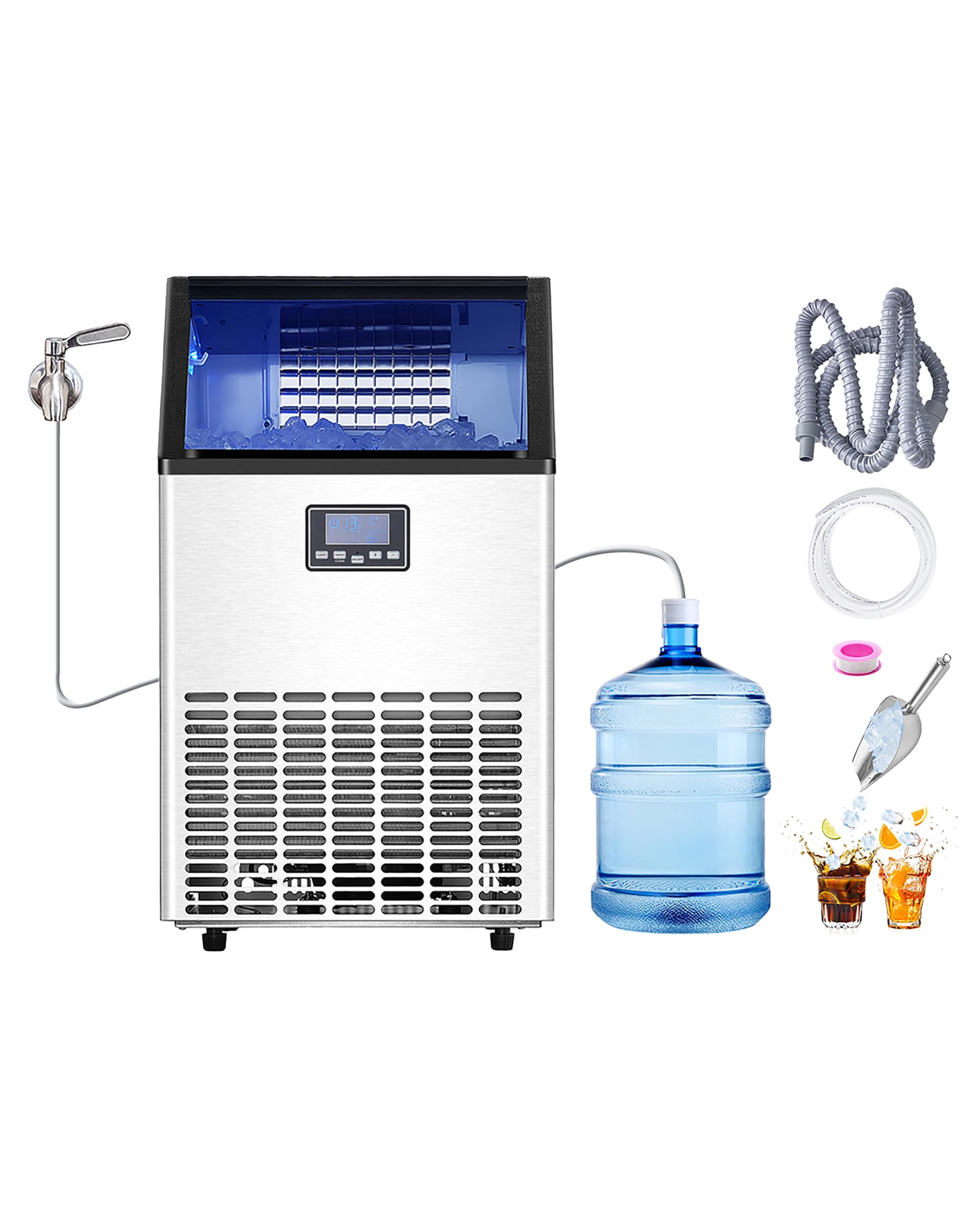 VEVOR Commercial Ice Maker Machine with 2 Water Inlets, 100lbs/24H Ice Maker with 33lbs Storage Bin, 45 Ice Cubes in 15 Mins, LED Digital Display