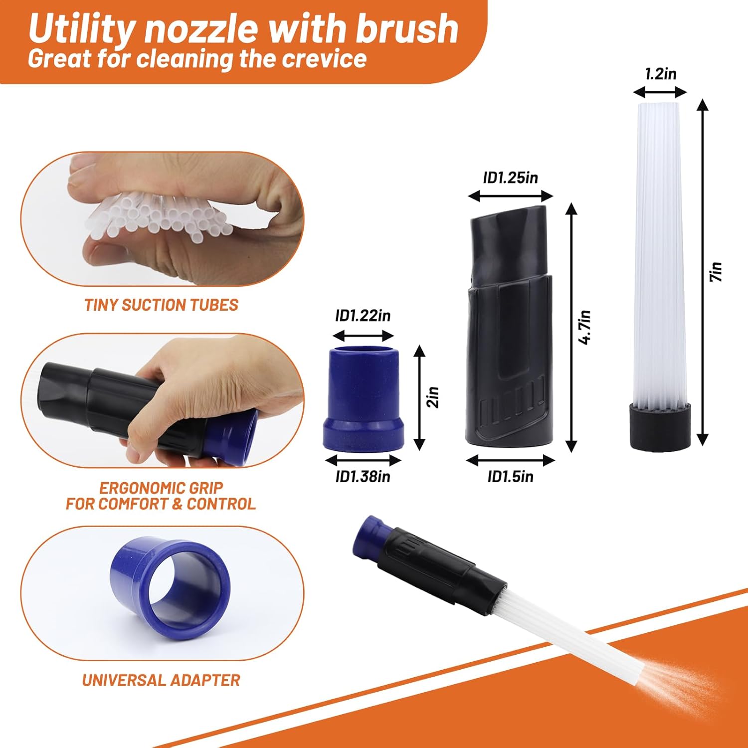 13 PCS Universal Vacuum Attachments Kit, 2 1/2" to 1 1/4" Wet Dry Vacuum Hose Adapter, 1 7/8" to 1" Adapter for Shop Vac, 1 1/4" Vacuum Cleaners Accessories with Horse Hair Brush, Extension Wand