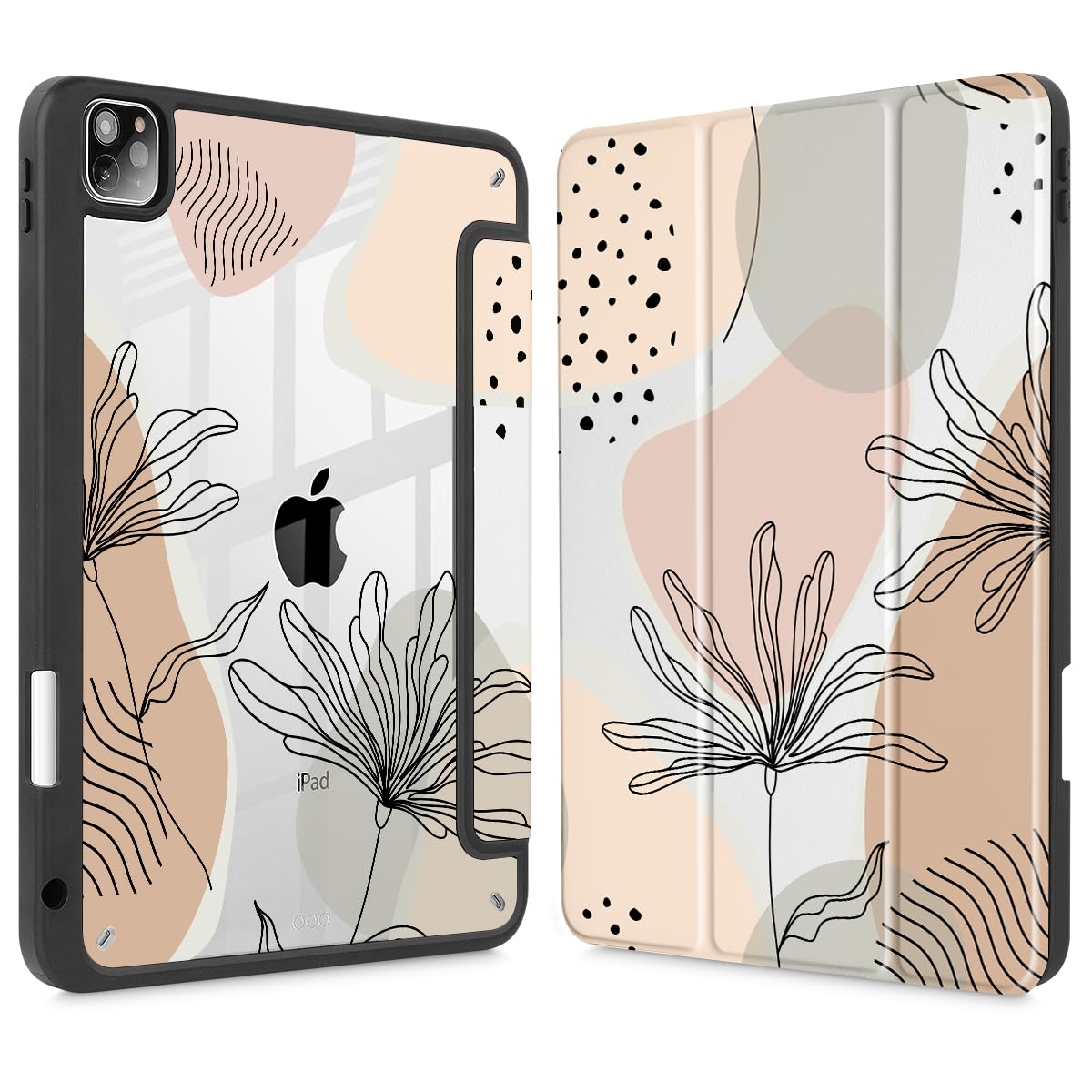 May Chen for iPad Pro 12.9 Case (2022 2021 2020, 6th/5th/4th Gen), [ Built Pencil Holder 2 Support ] Ultra Thin Clear Back Shell with Trifold Support Auto Wake/Sleep, Flowers and Leaves