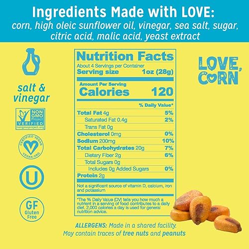 Miniatura 2 de LOVE CORN Sal y vinagre  Maíz crujiente - Sin gluten - A base de plantas y vegano - Snack saludable - Bajo en azúcar - Sin OMG - (caja de 6 bolsas,