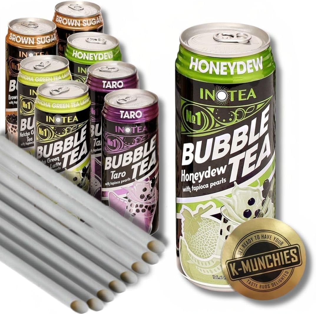 K-Munchies Inotea Bubble Tea in a Can - 8 Pack Tall Canned Boba Milk Tea - 16.6 Oz Instant Boba Drink - Honeydew Melon, Brown Sugar, Matcha Latte, and Taro Flavors - Includes Boba Straw