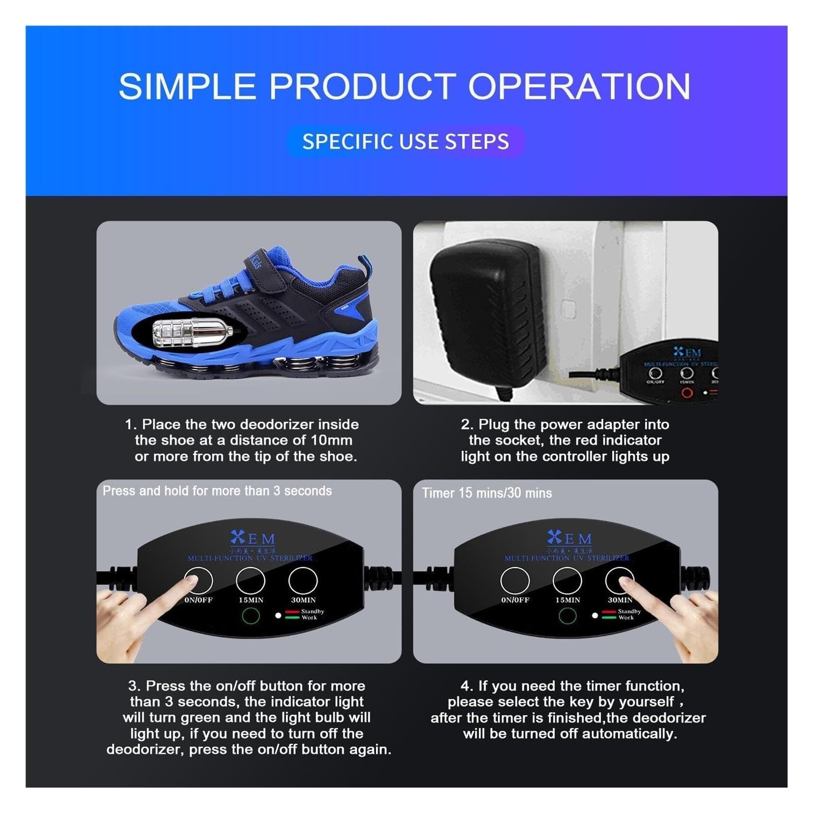 Desodorizador de zapatos UV con ozono for zapatillas, botas, desinfectante portátil de viaje