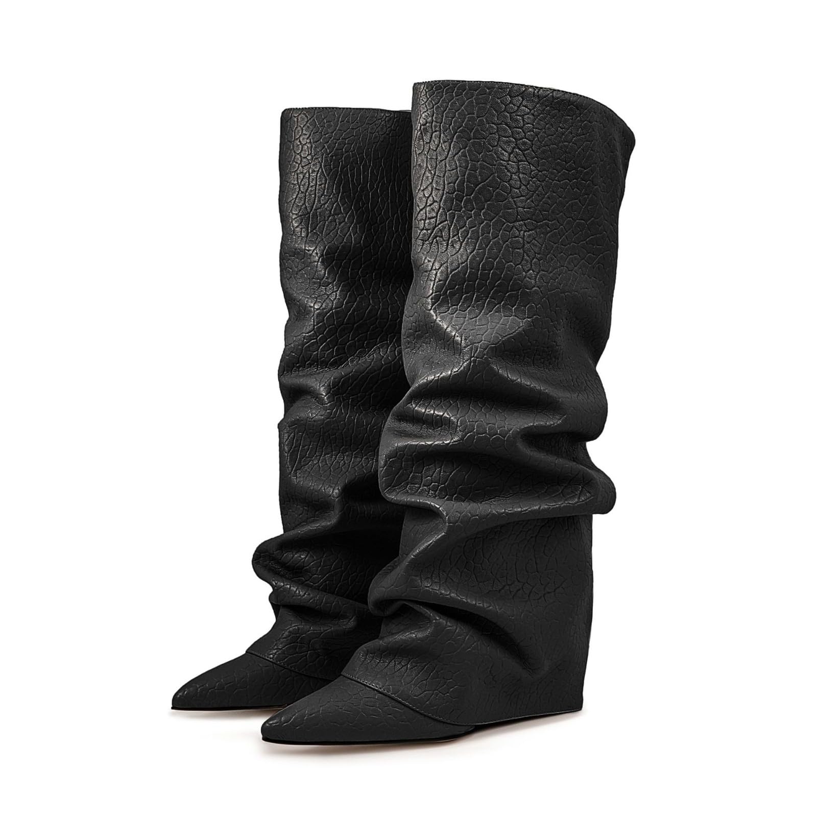 Genérico Botas Altas Mujer Caña Ancha Botas Mujer Invierno Elegante Salvaje Tacón Grueso hasta La Rodilla Moda Retro Casual Fold Over Bota con Punta Puntiaguda Sólido Sexy Plisada Antideslizante Bota
