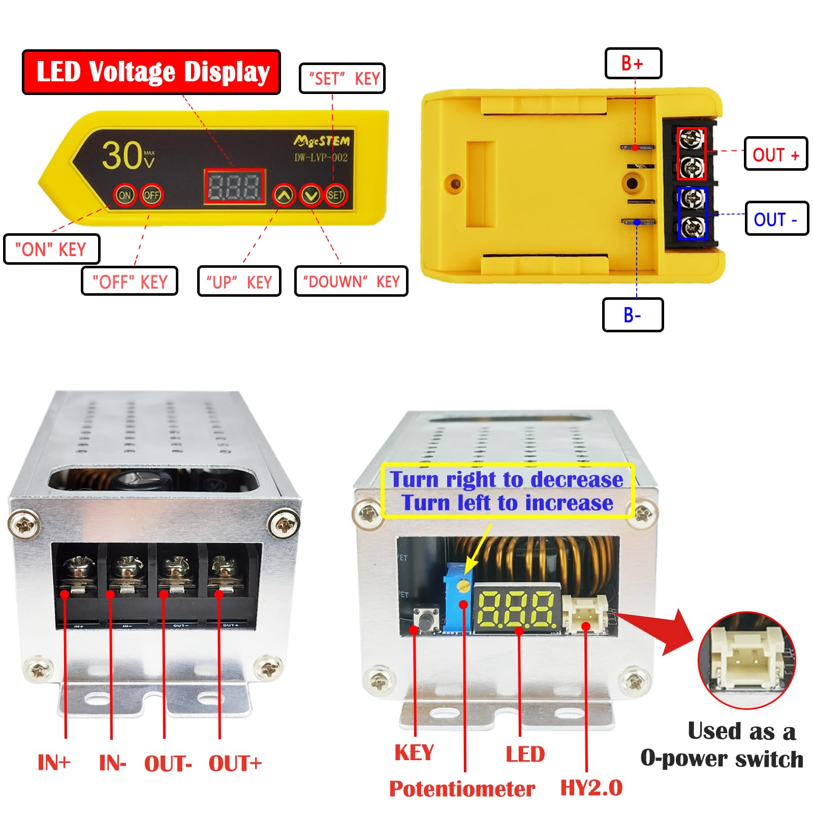 Convertidor reductor de 20 V a 12 V, 28 A, 336 W, máximo compatible con adaptador de batería DeWalt de 20 V y 18 V, adaptador de batería de rueda eléctrica, regulador de CC 11-70 V a 3.3-24 V