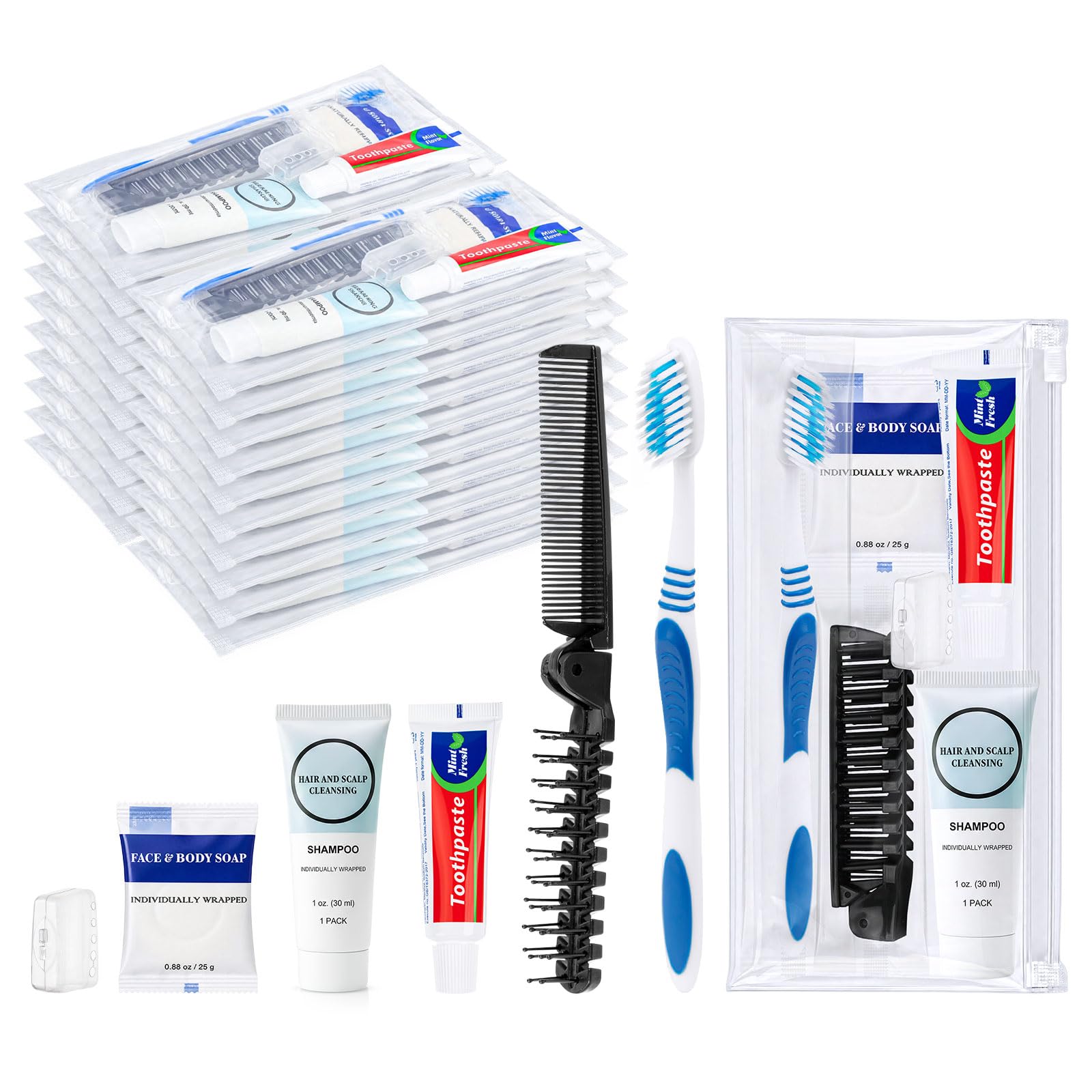 Kit di articoli da toeletta da viaggio, kit di igiene personale 5 | Con spazzolino da denti, dentifricio, shampoo, pettine, sapone, confezionati singolarmente per gli ospiti, hotel, campeggio