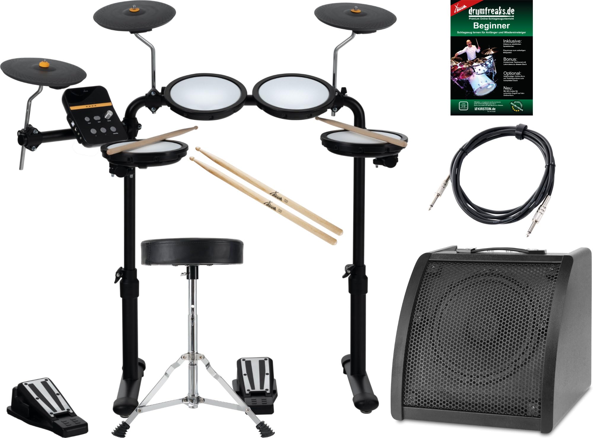 XDrum DD-250 E-Drum Kit Live Set, Batería electrónica con parches mesh | 4x 8" pads single-zone para snare/tom, 3x 8" pads de platillo con zona, 2 controladores de pedal, Incluye rack, 5 mm), 5 kg