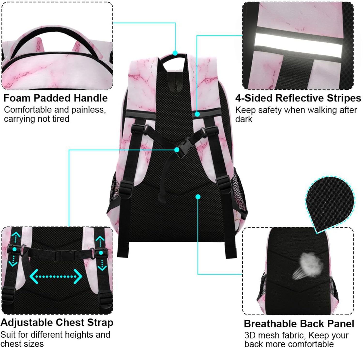 MNSRUU School Backpack with Chest Strap, Pink Marble Pattern Laptop Backpack, Travel Hiking Backpack for Boys Girls, Rucksack, Knapsack One Size