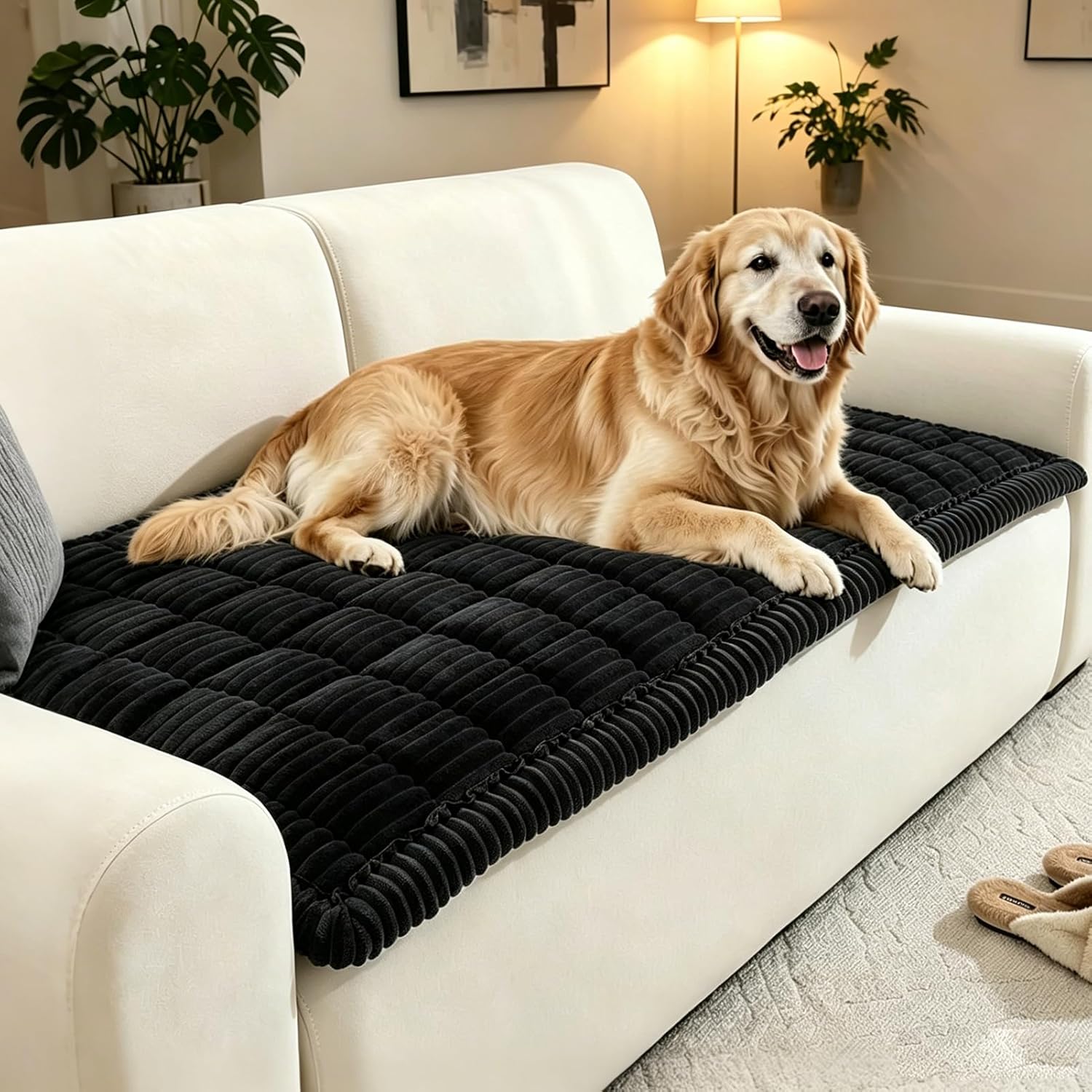 Couch Covers for Dogs Washable Non Slip Fuzzy Pet Couch Cover,Cushion Topper for 3 Cushion Sofa Pet Friendly, Thick Soft Sofa Slipcovers Cushion Protector,Black-27.6"x59"