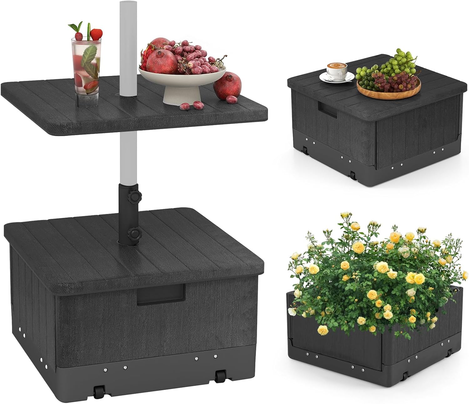 Tangkula 3-in-1 Patio Umbrella Base, 175 LBS Moveable Umbrella Stand w/Table Tray & Weighted Bag, Side Handles, HDPE Frame, 2 Pole Adapters, Garden Coffee Table Planter Box (Black)