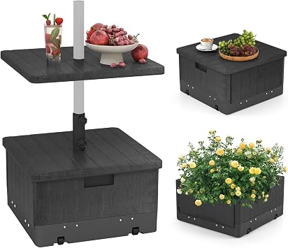 Tangkula 3-in-1 Patio Umbrella Base, 175 LBS Moveable Umbrella Stand w/Table Tray & Weighted Bag, Side Handles, HDPE Frame, 2 Pole Adapters, Garden Coffee Table Planter Box Black