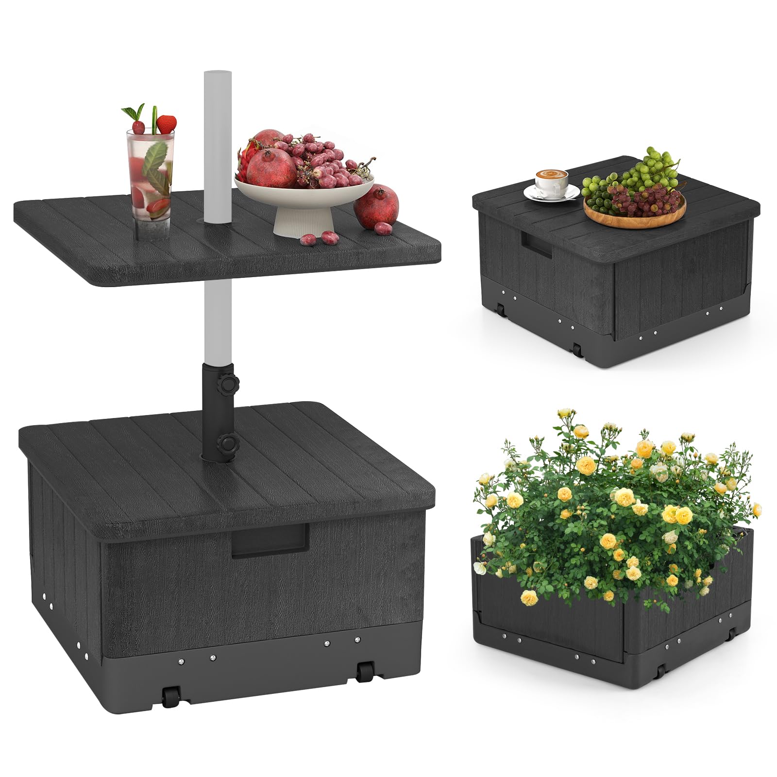 Tangkula 3-in-1 Patio Umbrella Base, 175 LBS Moveable Umbrella Stand w/Table Tray & Weighted Bag, Side Handles, HDPE Frame, 2 Pole Adapters, Garden Coffee Table Planter Box (Black)