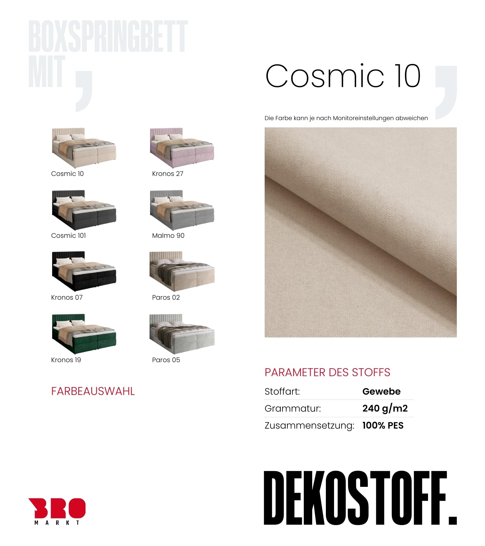 BROMARKT Boxspringbett 180x200 mit Bettkasten Topper Härte H3 Beige