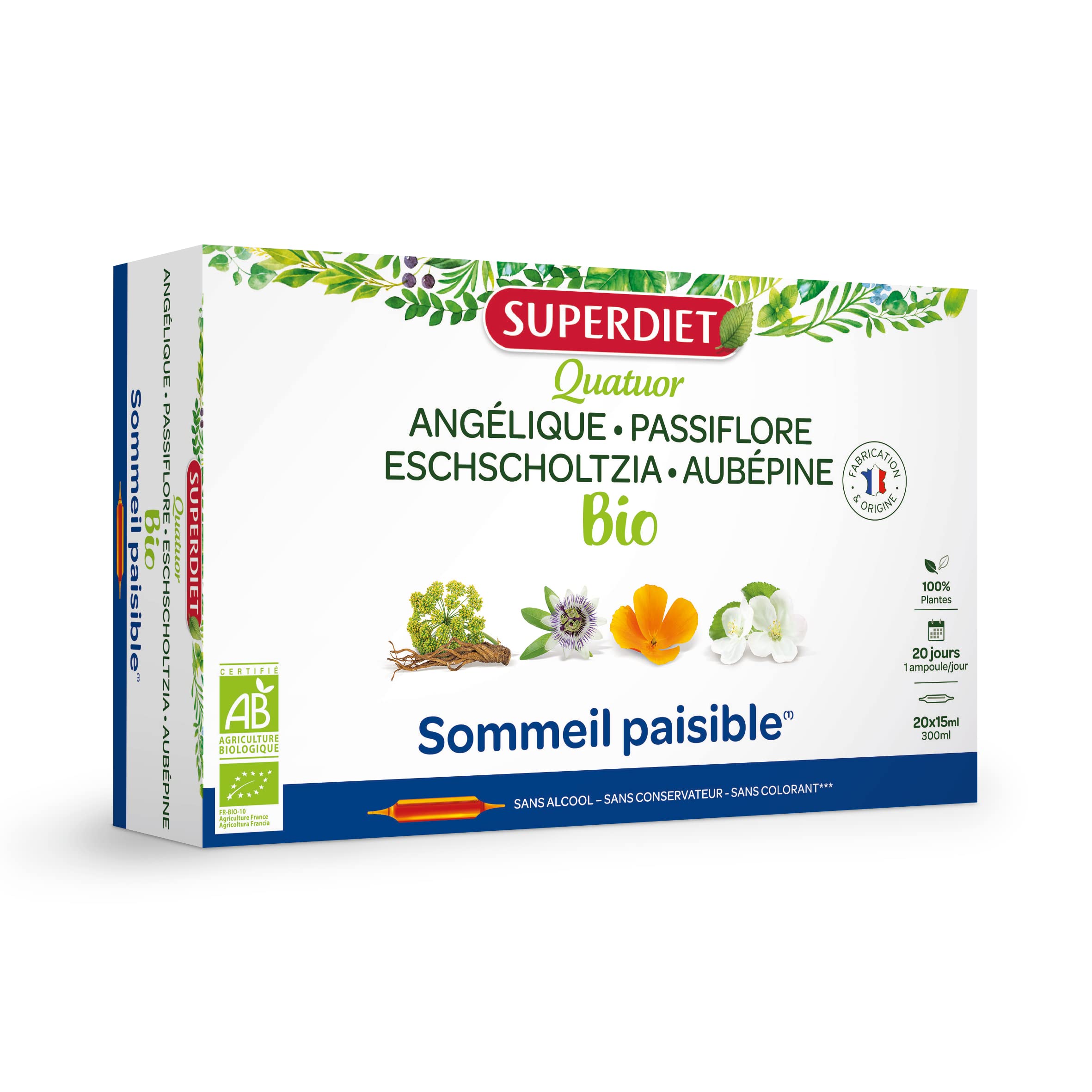 SuperDiet Quator Passiflore Aubépine Angélique Eschoscholzia 20 ampoules de 15ml soit 300ml - BIO (Lot de 2)