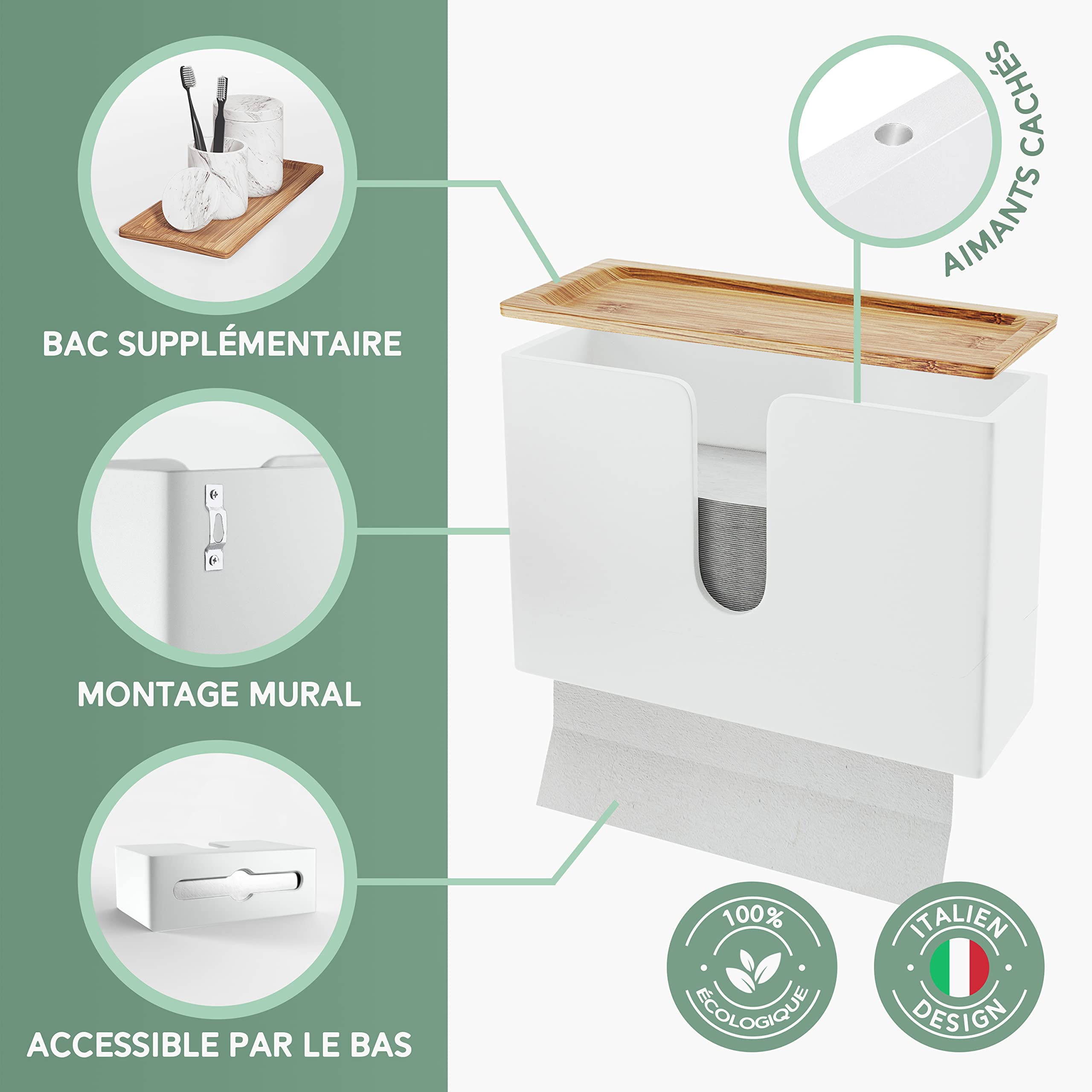 Nature Supplies | Distributeur Essuie Main Mural | Distributeur Papier Cuisine Et Salle De Bain | Devidoir Essuie Tout Mural | Porte Serviette De Table Feuille À Feuille, Pliés en V/C, Rechargeable