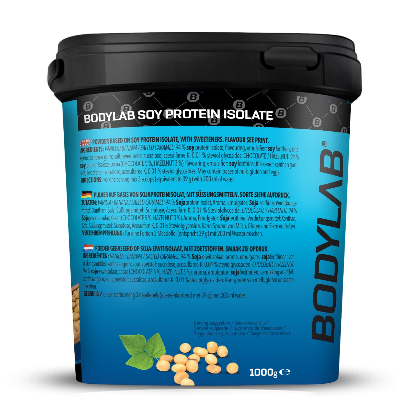 Bodylab24 Soja Protein Isolat Schokolade 1kg, rein pflanzliches Sojaprotein-Isolat für Deinen Muskelaufbau, bis zu 90% Eiweiß, umfangreiches Aminosäure-Profil, geringer Fett- und Kohlenhydratanteil