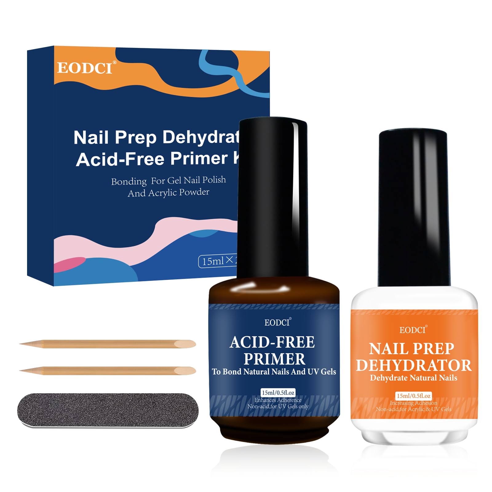 eodci Nail Prep Dehydrate and Acid-Free Primer, Dehydrator Acrylic Nail Supplies Tech Must Haves Non Acid Primer for UV Gels Fast Dry Superior Bonding