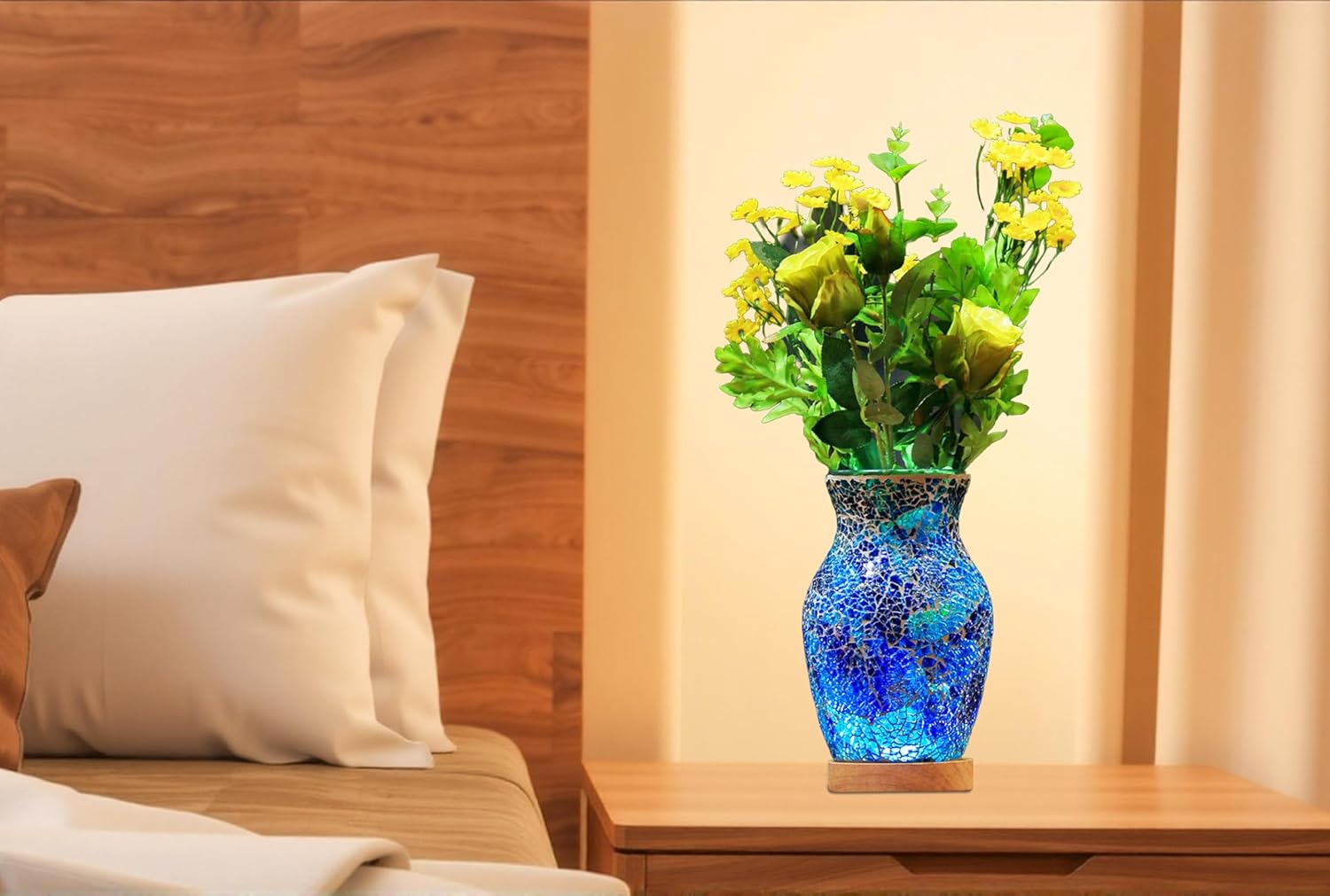 8-Inch Handcrafted Mosaic Cracked-Ice Vase Bedside Lamp with USB-Powered LED Wooden Base 10 Brightness Levels & 3 Color Temperatures,Art Decor Ocean Blue Vase Night Light for Home