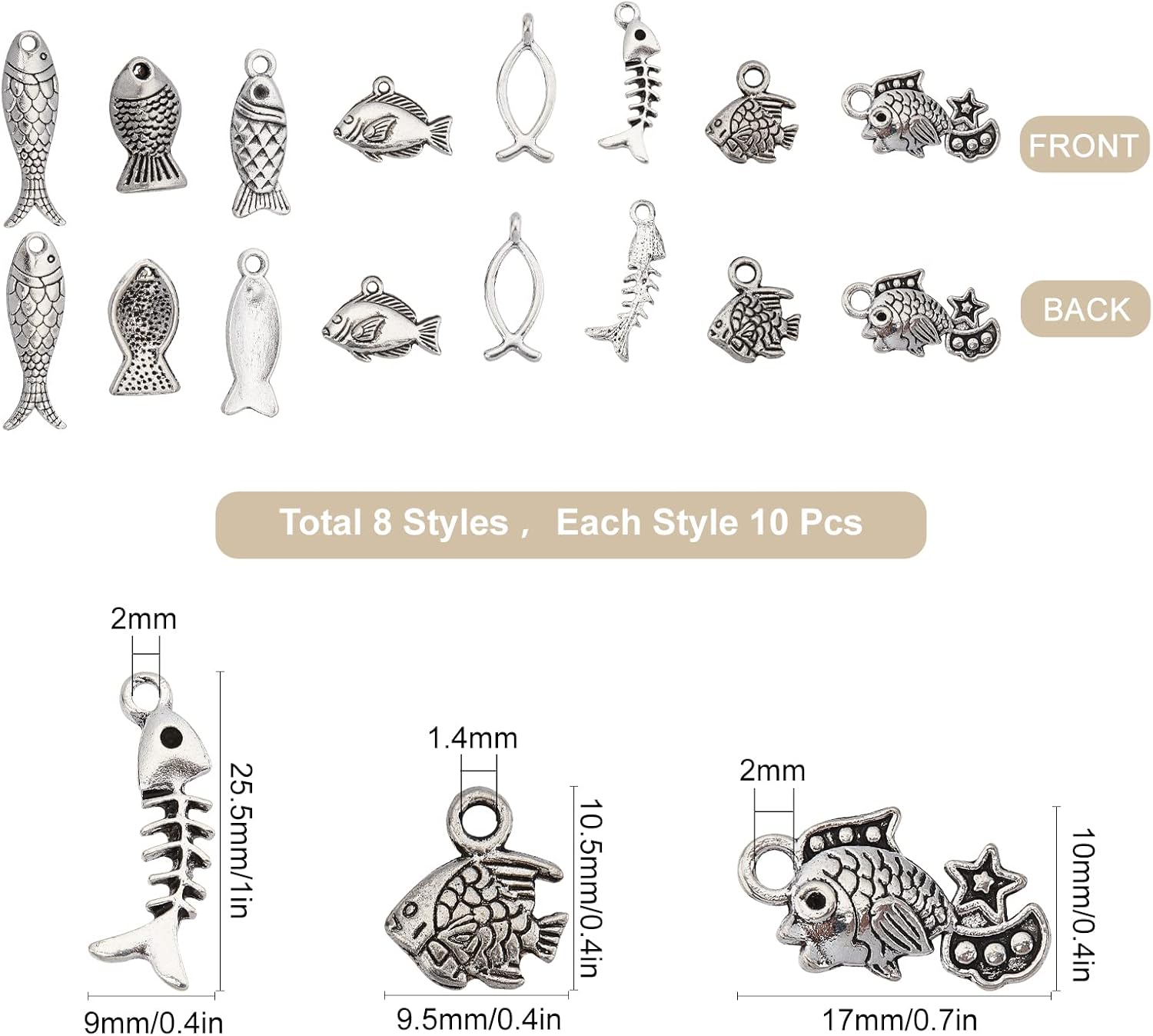 SUNNYCLUE 1 Box 80Pcs 8 Styles Fish Charms Bulk Tibetan Style Fishbone Goldfish Hollow Sea Ocean Animal Alloy Pendants Antique Silver Plated for Jewelry Making Charms DIY Bracelets Supplies - Image 2