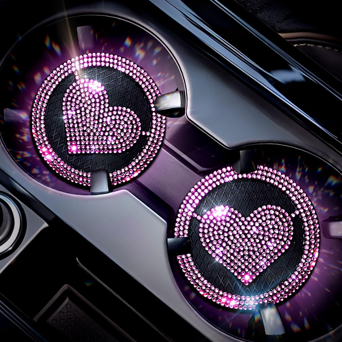 Car Bling Cup Holder Coaster 2 Pack 2.75 Inch Crystal Rhinestone Car Cup Holder Insert Coaster Bling White Car Interior Accessories for Women and Girl(BDheart-Pink 2)