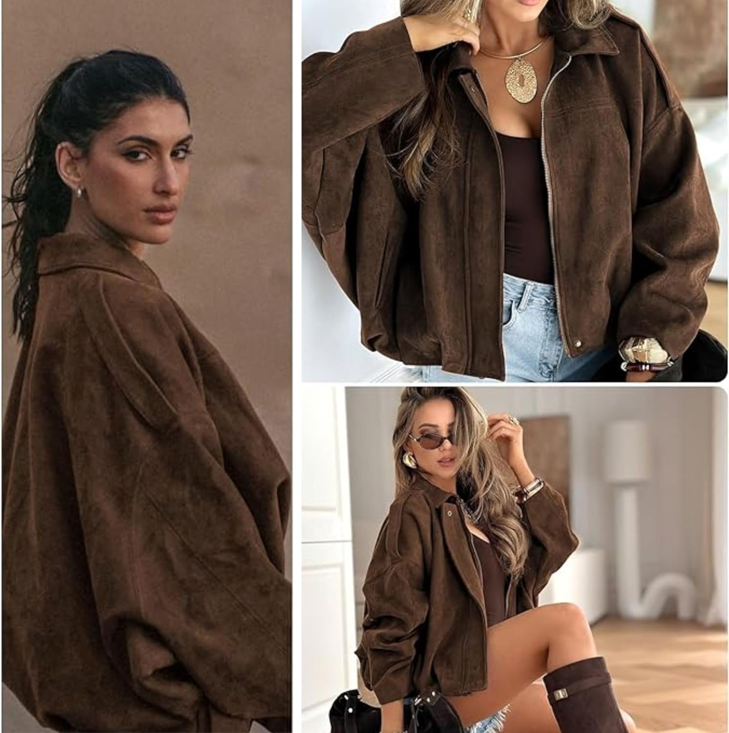 Xunger Women's Faux Suede Bomber Jacket Spring Lapel Pilot Coat Casual Oversized Long Sleeves Trendy Streetwear Outerwear - Image 3