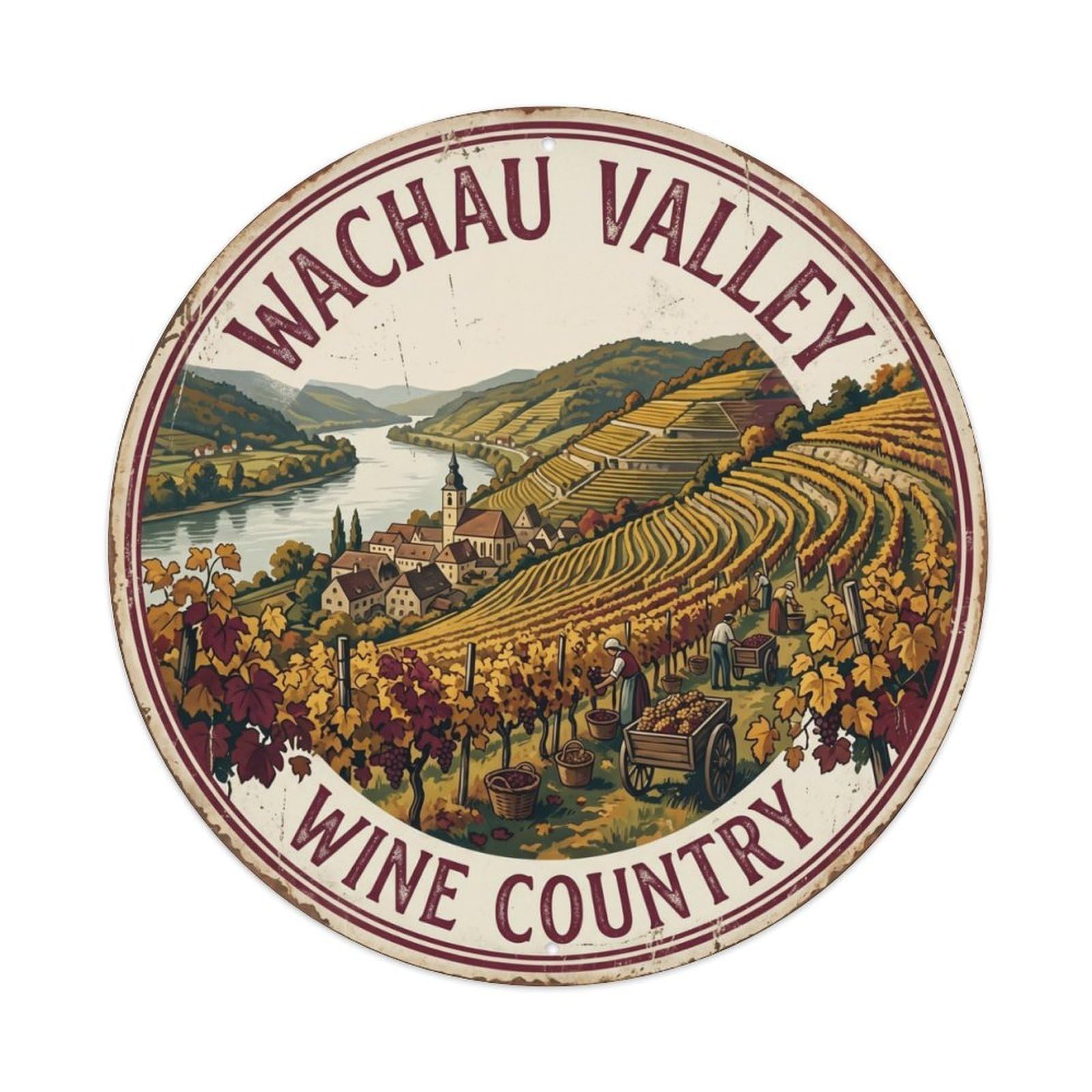 Vintage Travel Wachau Austria Vineyards Metal Tin Sign Plaque Wall Decor for Cafe, Club, Garden Round Metal Poster 8x8Inch