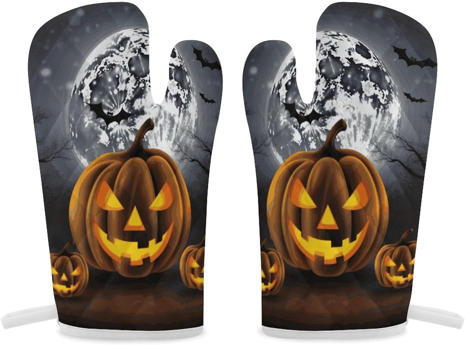 2 Pcs Oven Mitts Heat Resistant Kitchen Gloves Soft Safety Halloween Moon Bat Pumpkin Oven Glove for Microwave, Barbecue