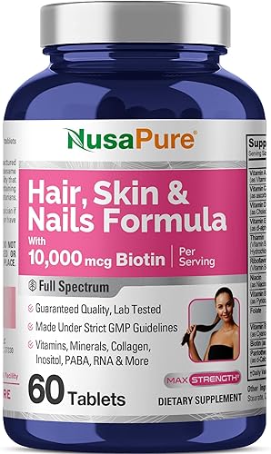 NusaPure Fórmula para cabello, piel y uñas con 10,000 mcg de biotina por porción, 60 tabletas vegetarianasveganas, sin OMG