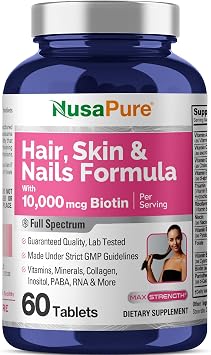 NusaPure Hair, Skin & Nails Formula with 10,000 mcg Biotin Per Serving 60 Tablets Vegetarian Non-GMO